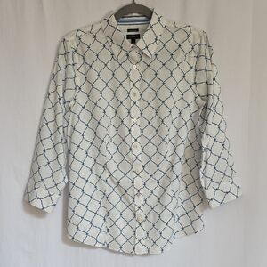 Talbots Blue & White Geometric Design Cotton Button Up Blouse.  Size 8